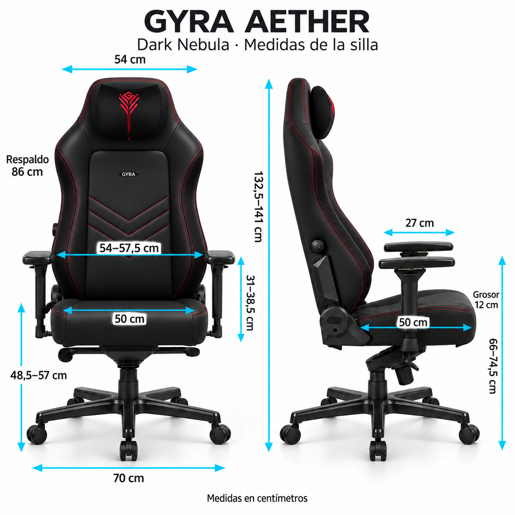 Medidas de GYRA Aether - Dark Nebula: altura 132,5–141 cm, asiento 50 × 50 cm y base 70 cm. Vistas frontal y lateral.