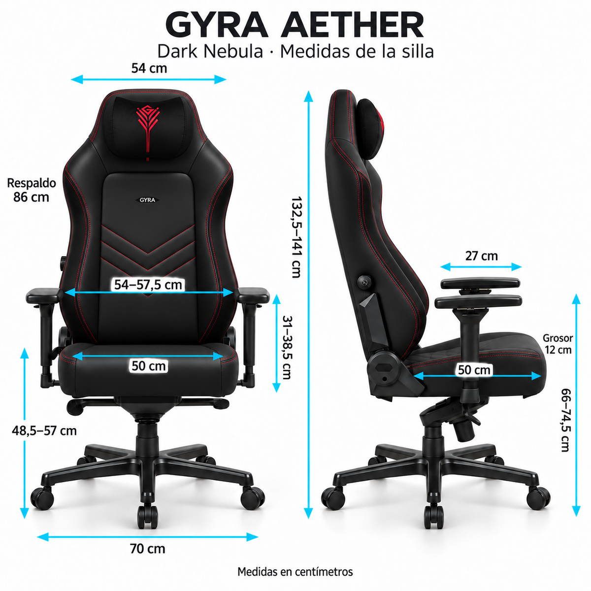 Medidas de GYRA Aether - Dark Nebula: altura 132,5–141 cm, asiento 50 × 50 cm y base 70 cm. Vistas frontal y lateral.