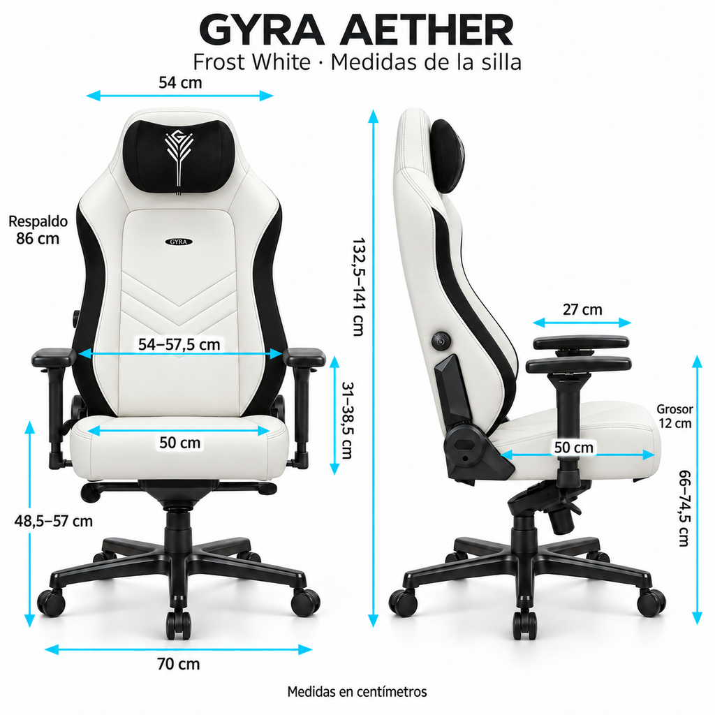 Medidas de GYRA Aether - Frost White: altura 132,5–141 cm, asiento 50 × 50 cm y base 70 cm. Vistas frontal y lateral.