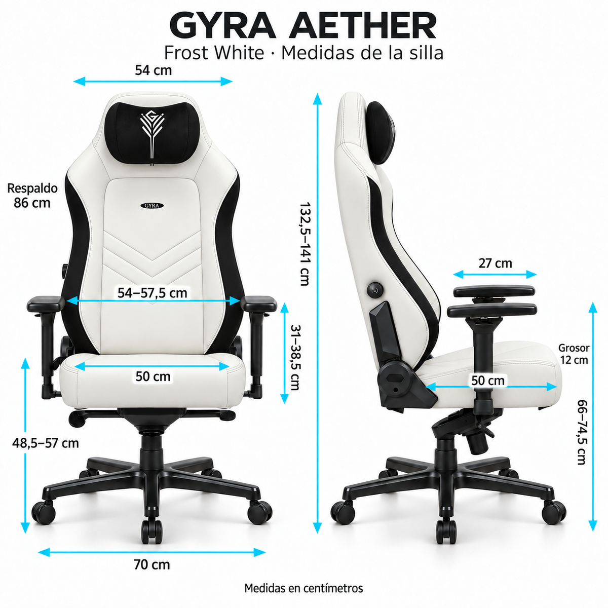 Medidas de GYRA Aether - Frost White: altura 132,5–141 cm, asiento 50 × 50 cm y base 70 cm. Vistas frontal y lateral.