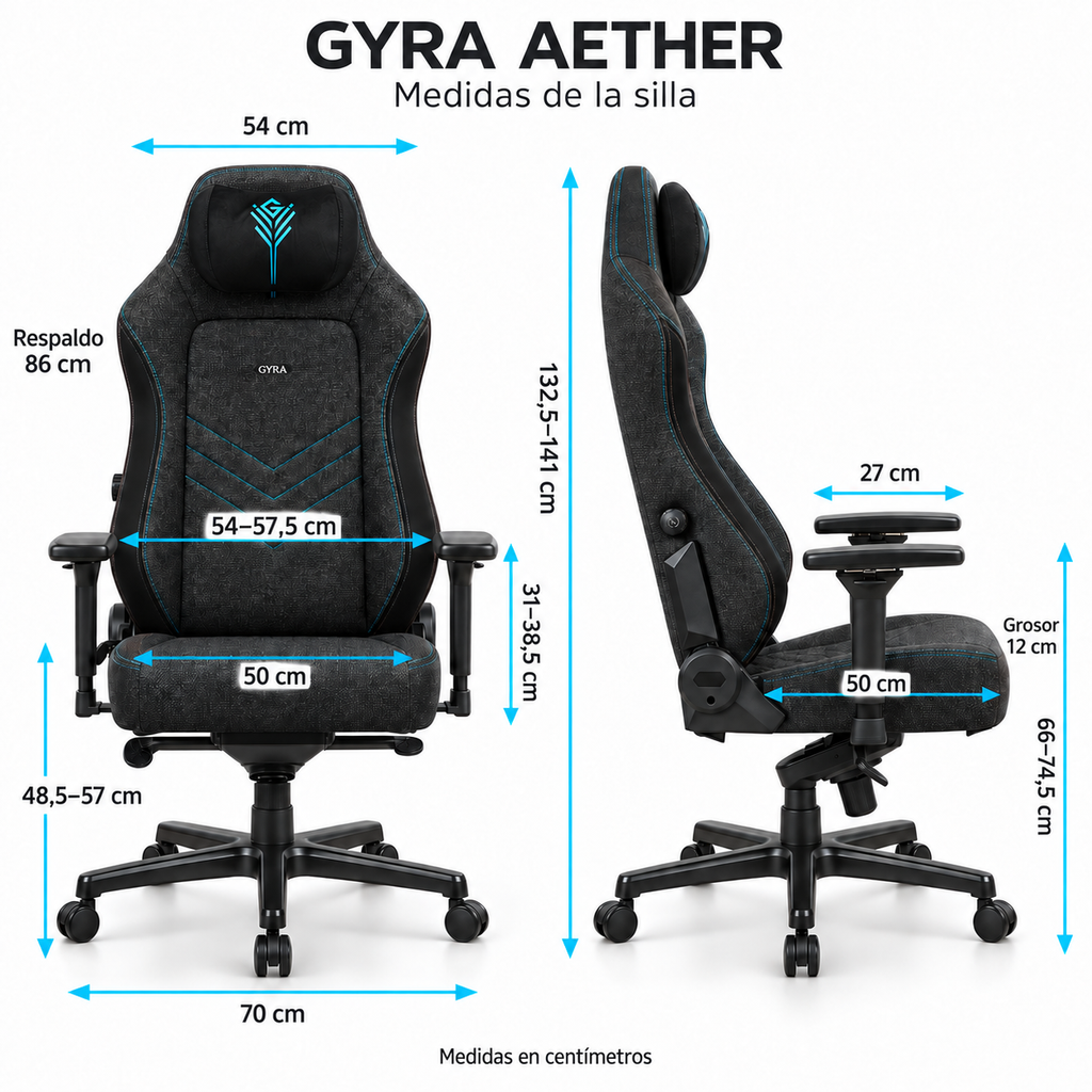 Medidas de GYRA AETHER Midnight Sky: altura 132,5–141 cm, asiento 50 × 50 cm y base 70 cm. Vistas frontal y lateral.