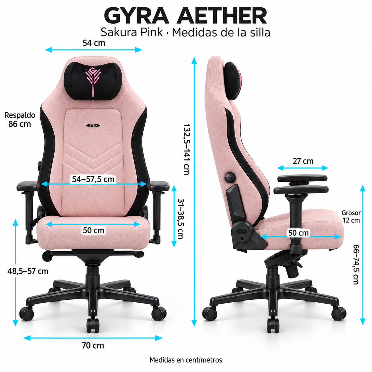 Medidas de GYRA Aether - Sakura Pink: altura 132,5–141 cm, asiento 50 × 50 cm y base 70 cm. Vistas frontal y lateral.